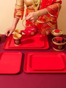 1个可重复使用的红色塑料托盘 - 非常适合盛放早餐、水果和零食 - 防碎且易于清洁 - 适用于家庭、派对、婚礼、圣诞节、生日派对和户外活动 - 紅色 - 查看 9