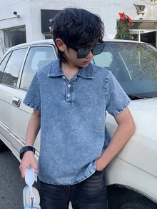 Tween Boy Fashion Casual Vintage Cool Street Loose Comfortable And Refreshing Blue Denim Loose Lapel Half-Opened Short-Sleeved Top For Dailywear And Spring To Summer Rave Festival And Streetwear - Blue - View 3
