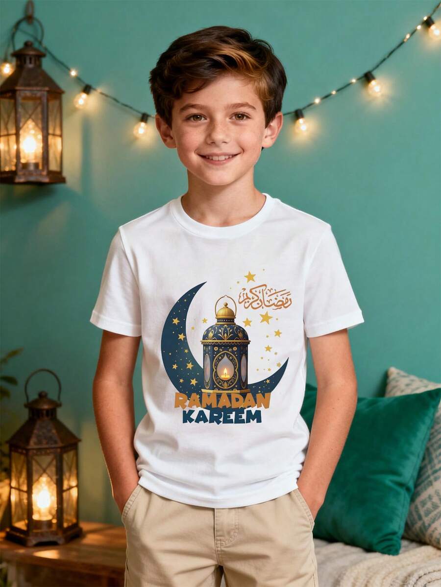 SHEIN Boys Casual Fashion Round Neck Knit Printed T-Shirt - White - View 1