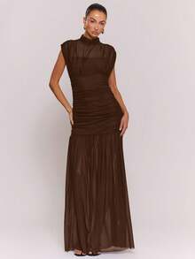 MUSERA Mesh Underlay Pleated Maxi Dress Winter Cosy Cute Casual Night Out Date Night  Party - Chocolate Brown - View 1