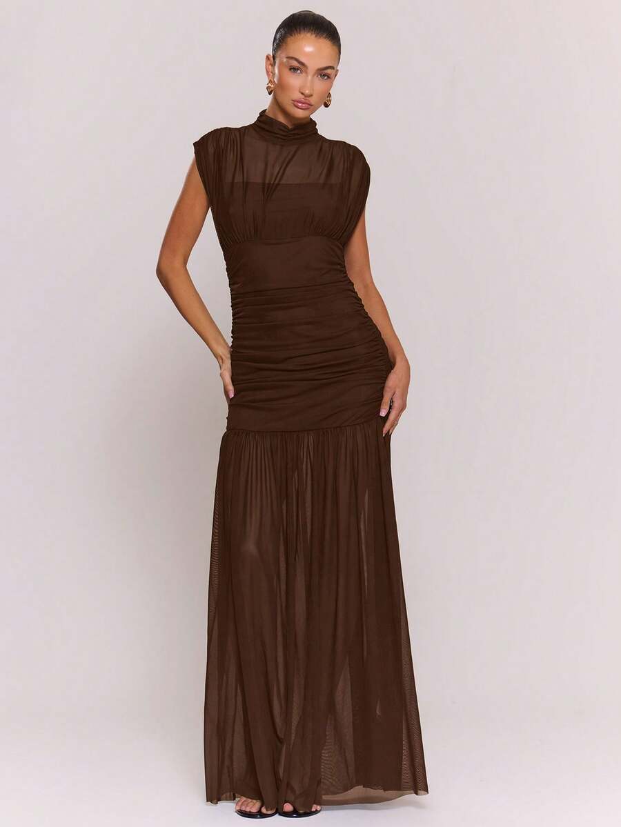 MUSERA Mesh Underlay Pleated Maxi Dress Winter Cosy Cute Casual Night Out Date Night  Party - Chocolate Brown - View 1