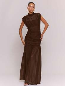 MUSERA Mesh Underlay Pleated Maxi Dress Winter Cosy Cute Casual Night Out Date Night  Party - Chocolate Brown - View 5