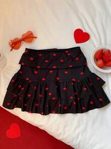 SHEIN EZwear Women's Solid Color Heart-Print Double-Layered Ruffle A-Line Skirt, Suitable For All Seasons, Perfect For Valentine's Day, Dates, Parties, And Other Events. - Black - View 6