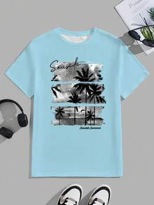 VIVINTIMO Áo thun nam tay ngắn cổ tròn in hình cây cọ, kiểu dáng thường ngày. - Màu xanh nhạt - Xem 5