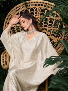 Al Najma Women's Spring/Summer Woven Leopard Print Jacquard Rhinestone Collar Tie Elegant Turkish Maxi Dress & Arabic Traditional Abaya - Apricot - View 1