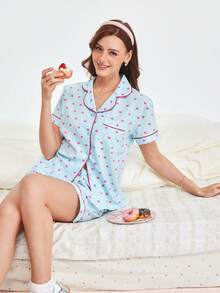 Bonmuse Bộ đồ ngủ mùa hè in hình trái tim nhỏ 2 món cho nữ, áo sơ mi cài nút tay ngắn và quần short, đồ mặc nhà thường ngày cho mùa hè., Bộ đồ hai món - Màu xanh lam - Xem 1