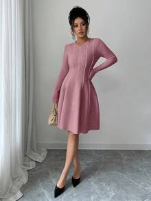 SHEIN Elenzya Đầm ngắn tay dài cổ tròn, eo thon, kiểu Hàn Quốc thu đông thanh lịch phối màu. - Hồng - Xem 5
