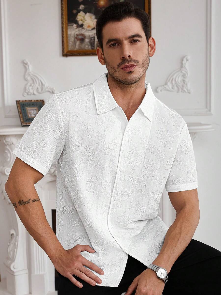 Core Aspect Áo sơ mi nam tay ngắn, vải jacquard, màu trơn, cổ polo, áo sơ mi thường ngày, áo sơ mi trắng, thích hợp cho các hoạt động hàng ngày, tụ họp bạn bè, cuối tuần thư giãn. Đây là món quà tuyệt vời dành cho bạn trai hoặc chồng. Áo sơ mi nam tay ngắn, áo sơ mi nam có họa tiết. - trắng - Xem 1