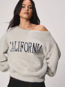 MISSGUIDED Fuzzy Off Shoulder California Graphic Knit Sweater With Text Print And Soft Texture For Casual Everyday Wear - Grey - View 4