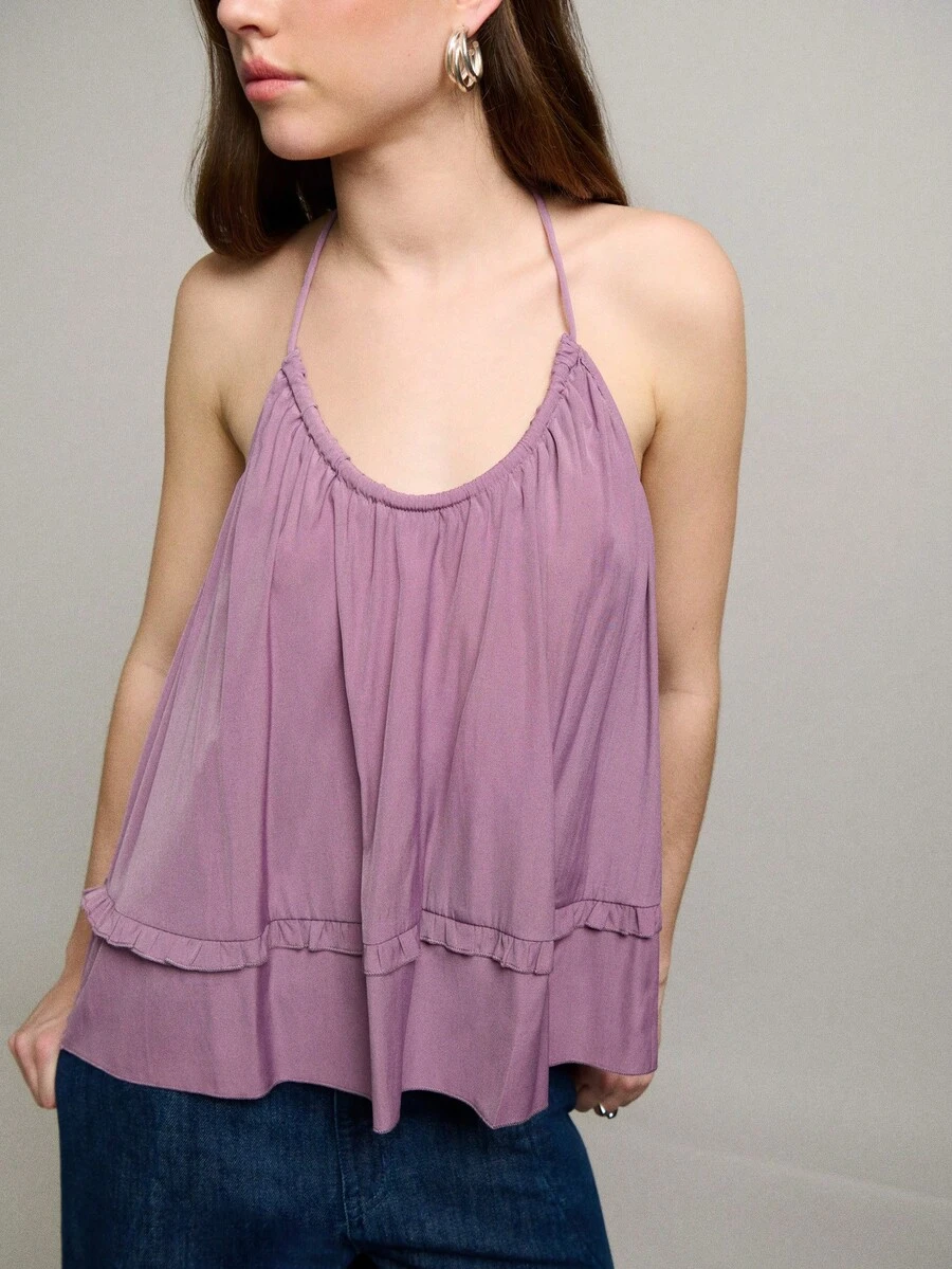 Nöista Loose, Flowy Halter Top In Mauve Shade. Features A Gathered Neckline, Lightweight Layered Fabric, And Mini Ruffle Trim Detail. Perfect For Spring , Spring Breaks, Spring , Casual, Or Vacation Looks. - Purple - View 1
