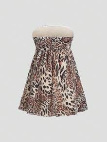 SHEIN Unity Women's Vintage Casual Daily Versatile Fashion Leopard Print Pleated Patchwork Sequin Ribbon Decor Tube Top Mini Dress, Spring/Summer - Multicolor - View 2