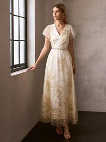 MOTF Soiréza 女士春季亮片刺绣浪漫喇叭裙摆网纱派对连衣裙 - 香檳色 - 查看 8