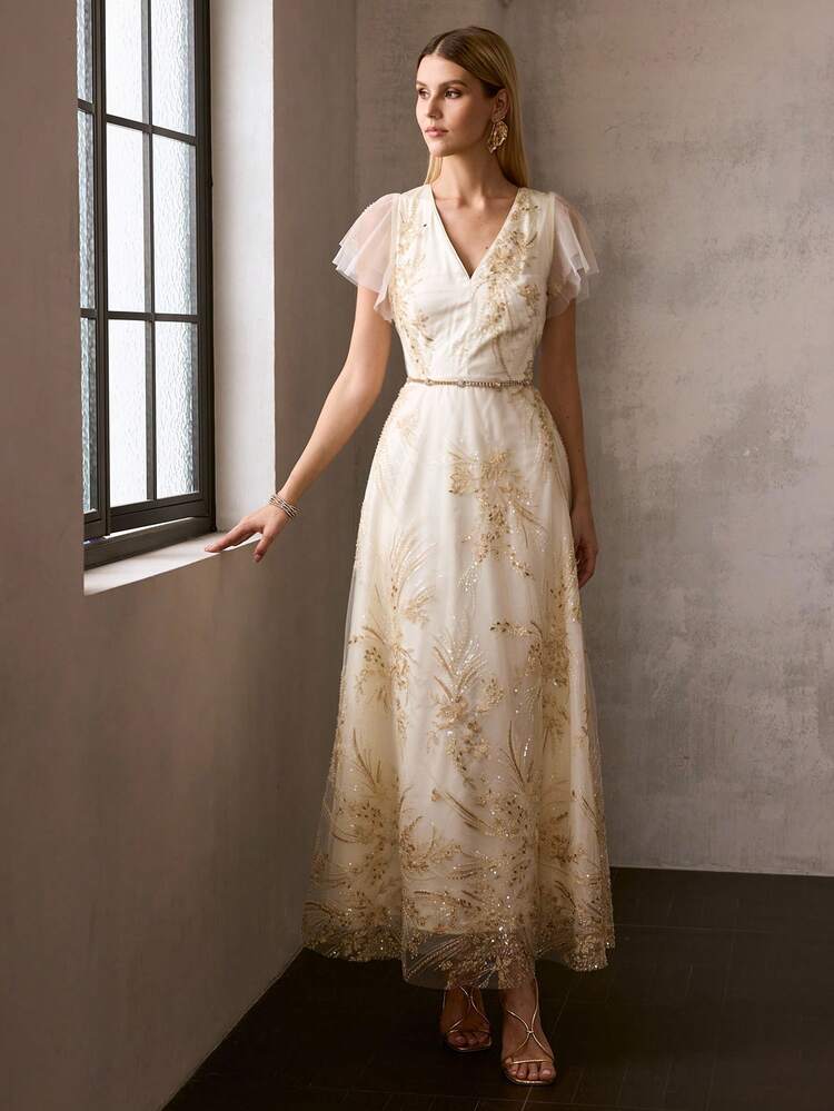 MOTF Soiréza WOMEN'S SPRING SEQUIN EMBROIDERED ROMANTIC FLARE HEM MESH PARTY DRESS