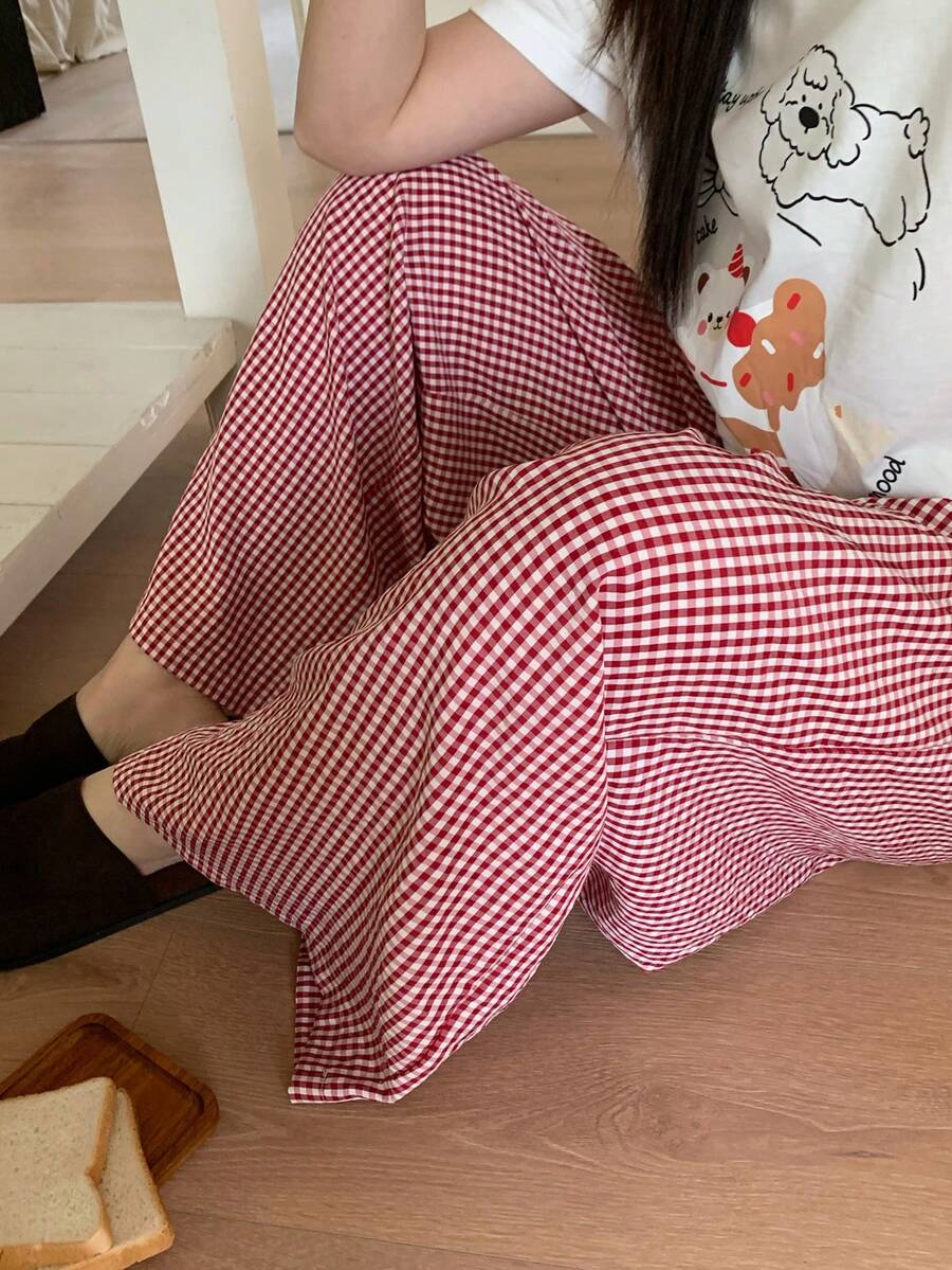 Dazy Plus 大码女式可爱卡通印花短袖上衣和格子宽松睡裤套装，春夏休闲睡衣 - 紅色 - 查看 1
