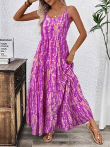 Balvessa 假日休闲随机印花吊带连衣裙长裙女装 - 淡紫色 - 查看 3