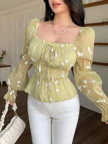 Modelyn Women's Green Woven Embroidered Puff Sleeve Cinched Waist A-Line Elegant Blouse, Spring/Summer - Green - View 4