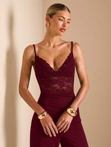 SHEIN BAE 夏季女士黑色低胸性感蕾丝胸罩式阔腿连体裤，适合日常外出、约会、派对、聚会、夜生活和海滩度假，优雅连体裤 - 酒紅色 - 查看 5