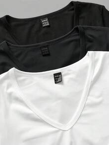 SHEIN EZwear 3 buc Tricouri versatile casual pentru femei, mărime plus, culoare solidă, cu decolteu în V, mânecă lungă - Alb-negru - Vizualizare 9