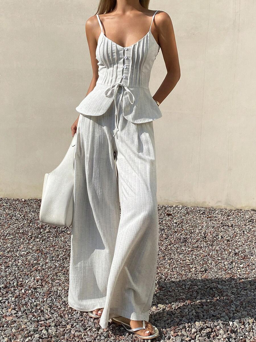 DAZY Women's Elegant Tie-Up Camisole & Wide Leg Pants 2 Pieces Set, Spring/Summer Vacation - Beige - View 1