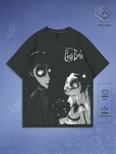 ROMWE MEN Corpse Bride | ROMWE Men's Casual Letter & Figure Graphic Round Neck Short Sleeve T-Shirt, Summer