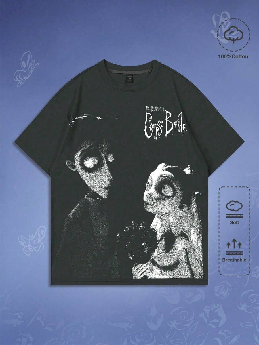 ROMWE MEN Corpse Bride | ROMWE Men's Casual Letter & Figure Graphic Round Neck Short Sleeve T-Shirt, Summer - Grey - View 1