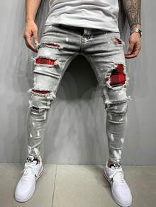 ROMWE MEN Grunge Punk Men's Pocket Patch Design Fashionable Versatile Casual Denim Jeans - Grey - View 4
