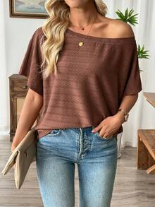 EMERY ROSE 大码女式蝙蝠袖休闲度假T恤 - 棕色 - 查看 4