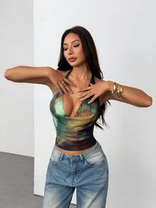 SHEIN PETITE Women's Fashion Sexy Tie-Dye Halter Backless Top , Winter ,Autumn Women ,Halloween,New Year , Thanksgiving For Women,Party ,Beach,Cute Tops - Multicolor - View 6