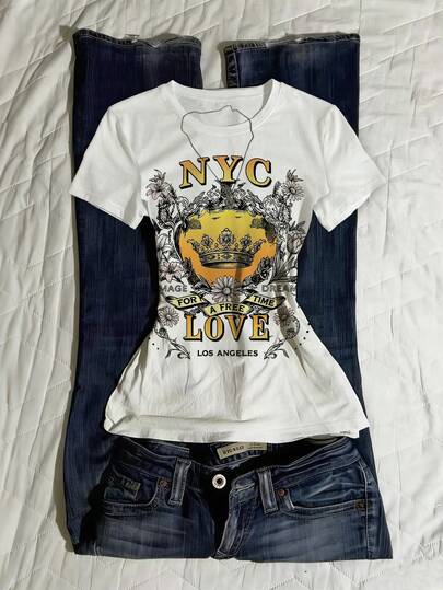 Noixe Áo thun nữ, phong cách đường phố Y2K, phong cách sinh viên punk, tay ngắn, màu trắng, in chữ NYC