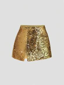 Sweetra Glittery Bodycon Mini Skirt, Glamorous Party Wear, Sexy High Slit Design, Elegant Yellow - Yellow - View 2