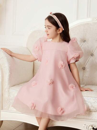 Elladie kids 少女纯色3D立体花卉装饰优雅短袖连衣裙