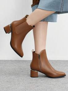 CUCCOO BIZCHIC Botas de tobillo y botas cortas de mujer con puntera puntiaguda, banda elástica blanca y tacón grueso, clásicas y apropiadas para ir al trabajo