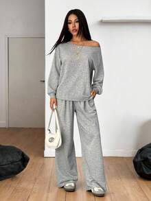 SHEIN PETITE 女士秋冬/夏季四季皆宜街头风露肩长袖灰色卫衣搭配高腰弹力灰色长裤两件套，舒适休闲两件套 - 灰色 - 查看 2