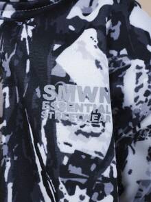 SUMWON 男童 Grunge 大理石纹印花连帽卫衣套装，含配套运动裤，全拉链长袖，冬季休闲街头风度假装 - 黑與白 - 查看 7