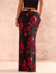 Glamine Women's Floral Jacquard Waist Crossed Skirt, Embroidered Maxi Skirt, Sexy Elegant Heavy Embroidered Floral Women's Long Fitted Pencil Skirt, Long Summer Dress For Women. - Multicolor - View 2