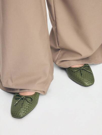 Mnmlis Women's Olive Green Woven With Bow Decor Square Toe Flat Slip-On Shoes, Olive Green PU Woven Material, French Pinched Mouth Ballet Shoes Valentine's Day