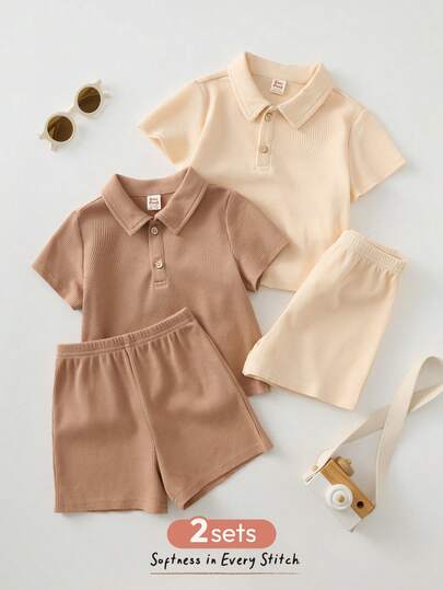 Cozy Pixies 4pcs Baby/Baby Boy/Girl Set: Soft Waffle Texture Polo Shirt With Collar & Placket, Elastic Waist Sports Shorts, Earth Tone Colors