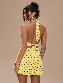SHEIN BAE Women's Summer Polka Dot Print Ruched Halter Mini Dress - Yellow - View 2