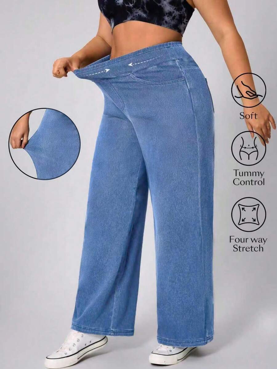 Flexra 大码柔软中蓝色水洗弹力直筒牛仔裤 - 中等水洗藍 - 查看 1