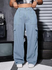 Jeans cargo lavados con cintura elástica, talla grande - Lavado ligero - Ver 3