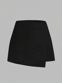 SHEIN Tall Fustă elegantă și versatilă pentru femei, înfășurată în jurul colțurilor, în culori solide - Negru - Vizualizare 2