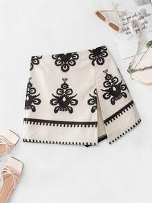 SHEIN Elenzya Women's Printed Mid-Waist Shorts With Attached Skirt, Elegant & Graceful, Summer - Apricot - View 1