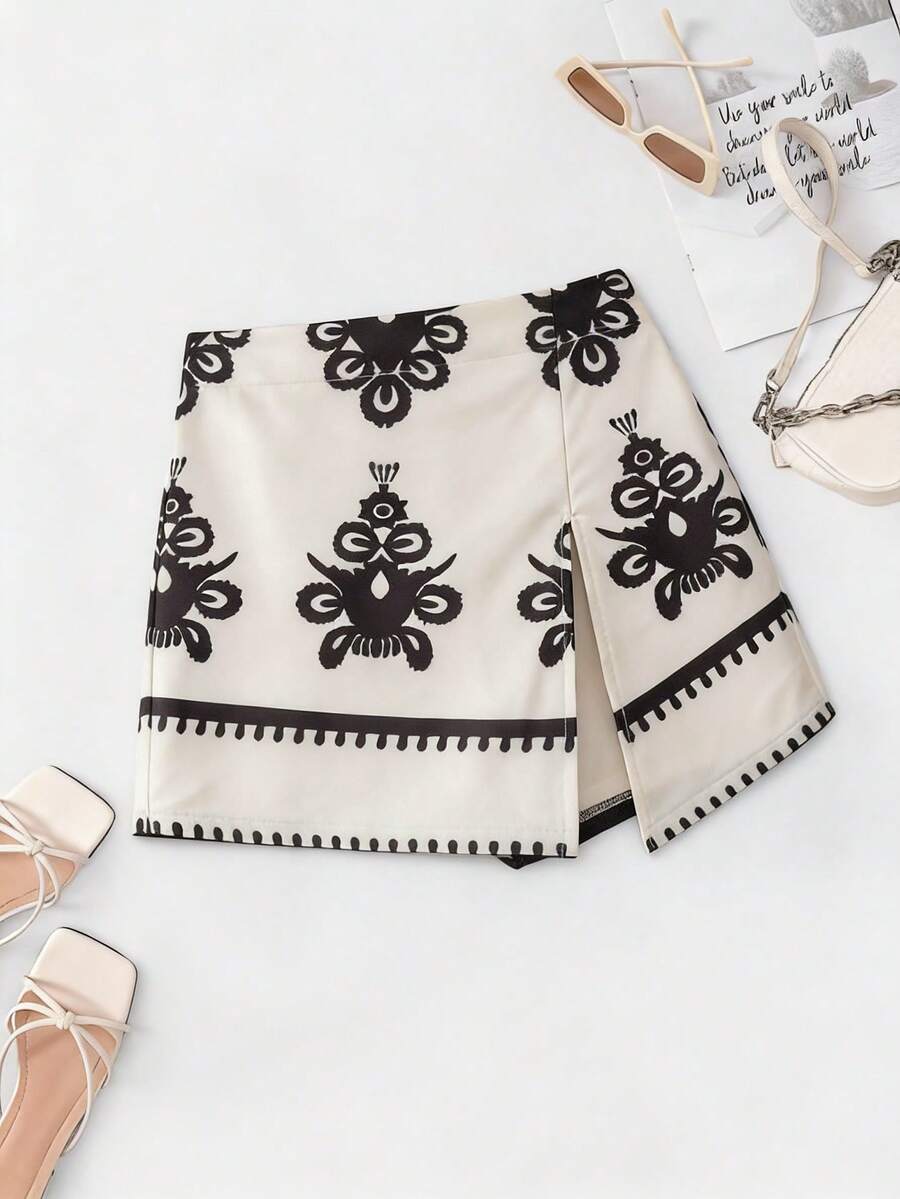 SHEIN Elenzya Women's Printed Mid-Waist Shorts With Attached Skirt, Elegant & Graceful, Summer - Apricot - View 1