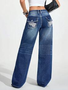 Flirla Women's Casual Washed Low Waist Wing Embroidered Jeans Women Baggy Jeans Flare Jeans Jeans With Wing Embroidery Wide Leg Jeans Long Jeans - Blue - View 3
