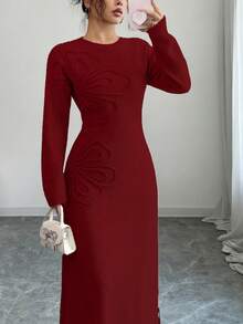 Selianne Plus Size Women Crew Neck Long Sleeve Fitted Elegant Knit Dress - Burgundy - View 1