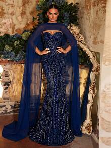 Glamrae 优雅、奢华、迷人的珍珠、亮片和绒球装饰无肩带美人鱼长裙，配有可拆卸雪纺吊带，适合婚礼、派对、度假、盛会、正式活动（装饰繁复） - 藏蓝色 - 查看 1