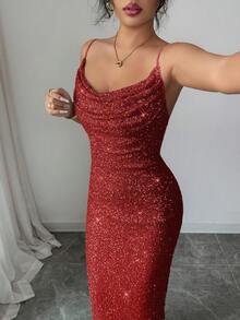 Elenzga 女士亮片细肩带可调节露背垂褶领口褶皱腰身中长连衣裙，优雅法式复古街头风简约时尚，适合冬季、万圣节、圣诞节、感恩节、下午茶派对、半正式场合、性感派对舞会、秋冬季穿着。 - 紅色 - 查看 4