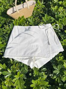 Comfortcana 大码女式休闲抽绳牛仔短裙，夏季春季海滩生日外出度假Y2K风格舒适白色棉质系带短裙 - 白色 - 查看 4