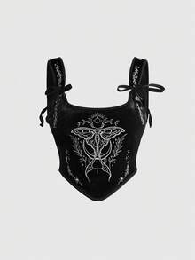 ROMWE Goth 哥特式暗黑风格刺绣飞蛾撞色宫廷领紧身天鹅绒背心 - 黑色 - 查看 1