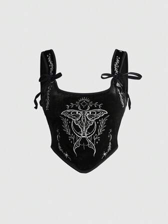 Goth Corpetto aderente in velluto con colletto a palazzo, stile gotico scuro, con ricamo a motivo di falena e contrasto di colori